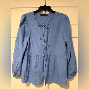 Merokeety Women’s Blue Blouse with Bow Accents